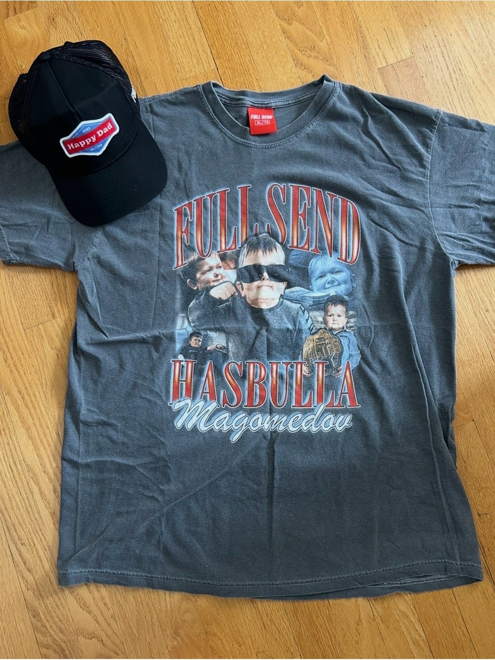 Full Send Hasbulla Graphic Tee - Charcoal Crew Neck and Happy Dad Hat